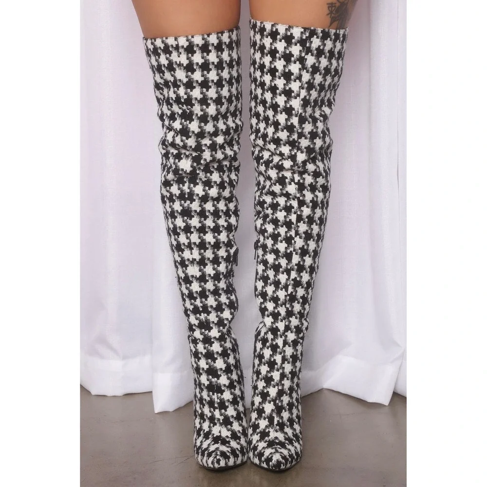 Brown White Houndstooth Thigh High Boots Stiletto Chic Statement See Last 2 Pics